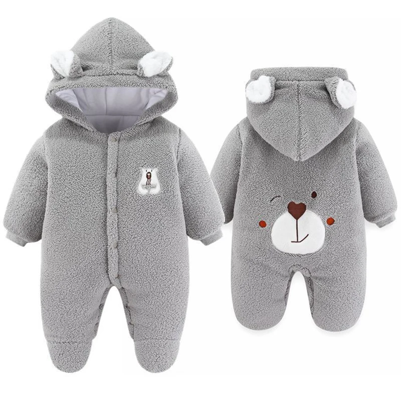 Cute Plush Bear Baby Boy Romper Infant Girl Overall Jumpsuit Autumn Winter Warm Fleece Hooded Baby Rompers Newborn Clothes 0-12M baby clothes baby sleepsuit bear hooded jumpsuit