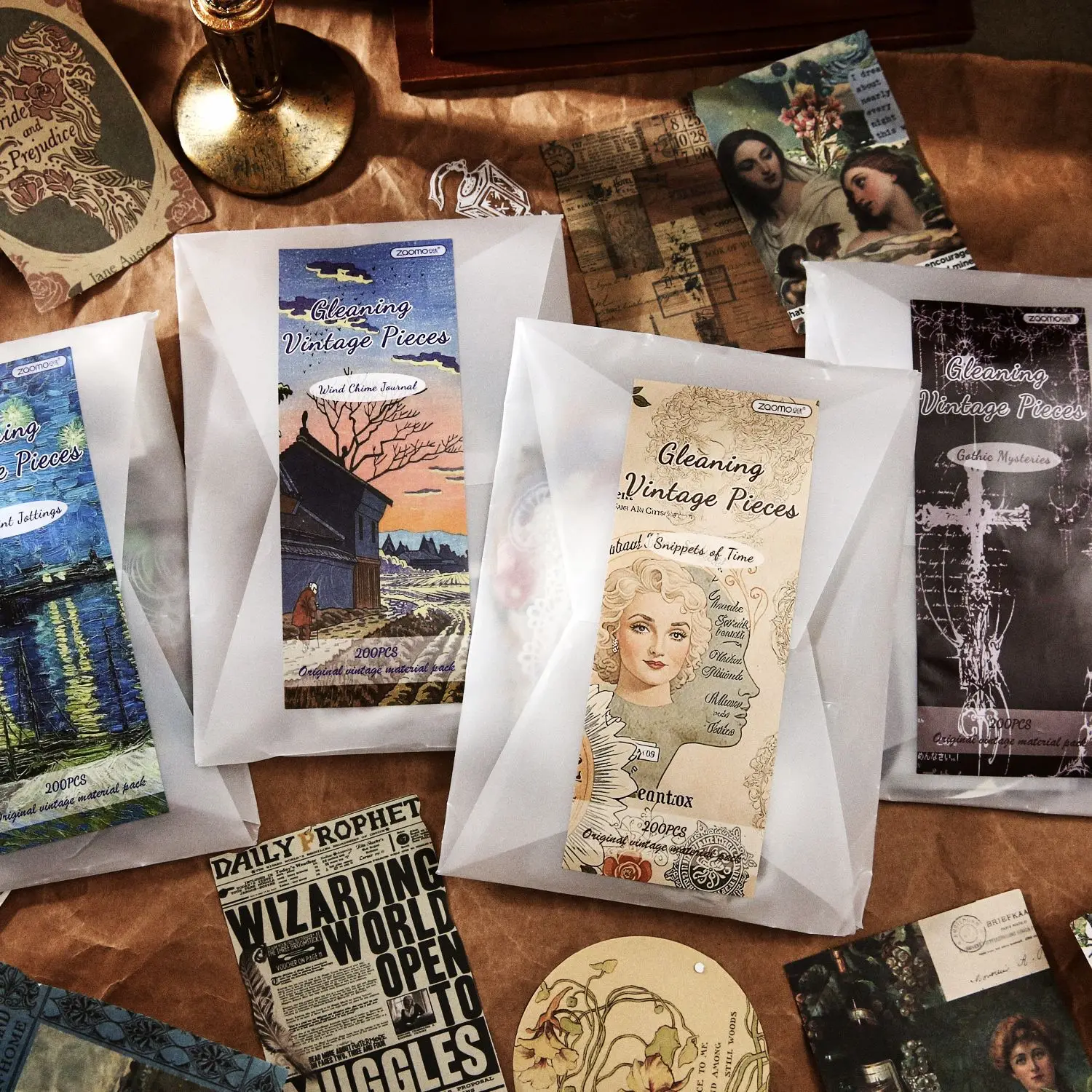 200개/봉투 INS 빈티지 문학 스타일 재료 팩(사진 앨범, 플래너, 스크랩북용), 4가지 스타일(스티커 스파크)