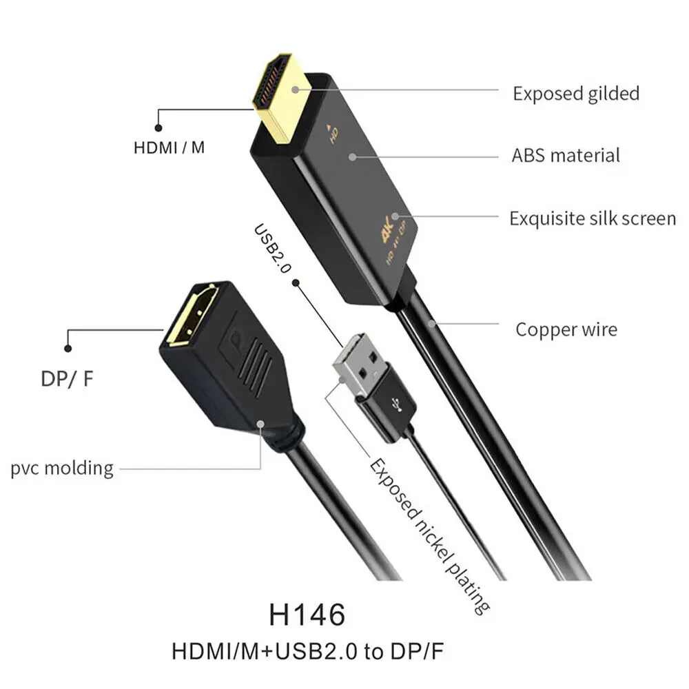4k Hdmi To Dp Displayport Active Converter Cable With Usb Power For Pc Laptop wireless video adapter