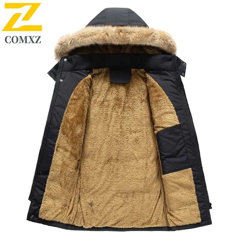Men Winter Hooded Windbreaker with Fur Trim Thickened Fleece Lining Waterproof Windproof Loose Fit Thermal Coat Outdoor Jacket