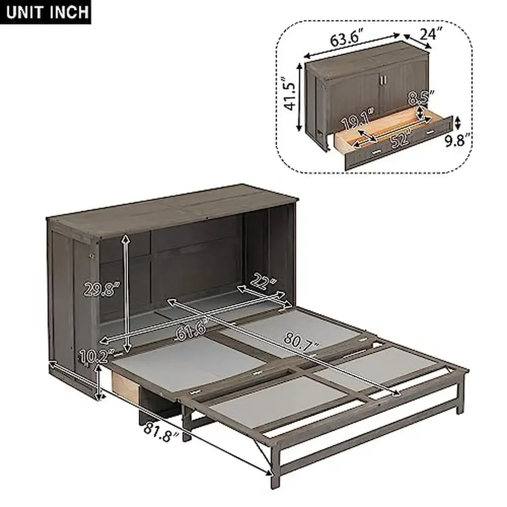 Queen Murphy Bed Cabinet with Charging Station Storage Drawer Modern Grey Bedroom Furniture 600lbs Capacity Kit