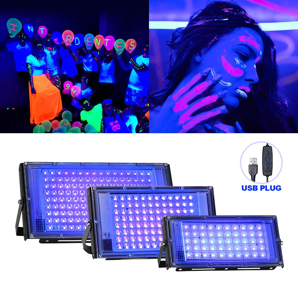 LED UV Floodlight USB 220V 50W 100W 150W 395nm 400nm กันน้ําเรืองแสงปาร์ตี้ดิสโก้ Ultravilet โคมไฟ LED USB STAGE Blacklight 1