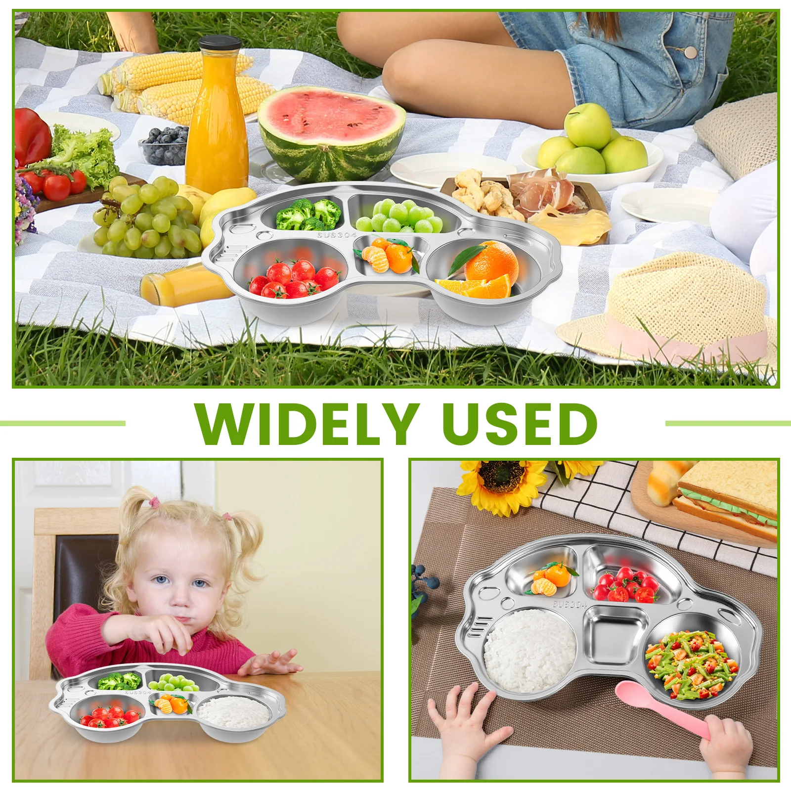 2 Pcs Kids Plates with 5 Compartments Car Shape Meal Plate Reusable Dinner Plates Serving Platter Portable Toddler