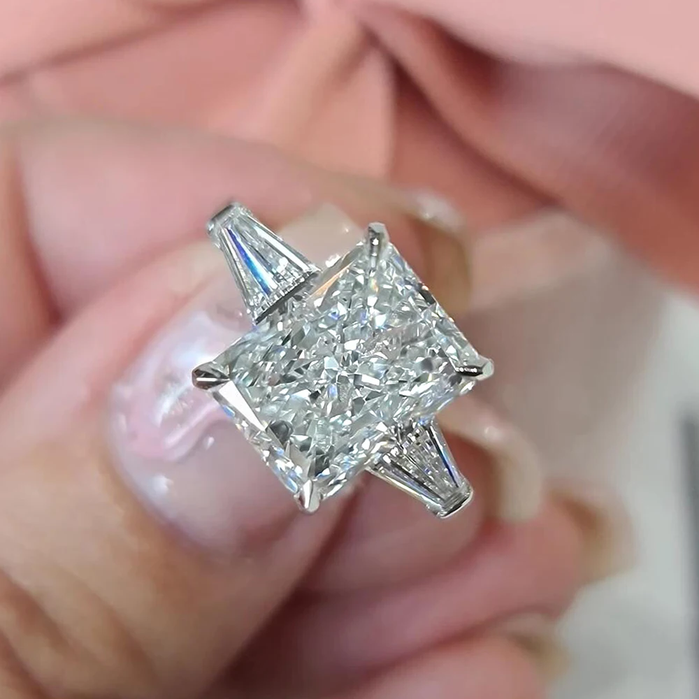 1/2/3/4Carat Radiant Cut Full Moissanite Engagement Ring with Tapered Baguette Shape Diamond S925 Silver Wedding Rings for Women 3