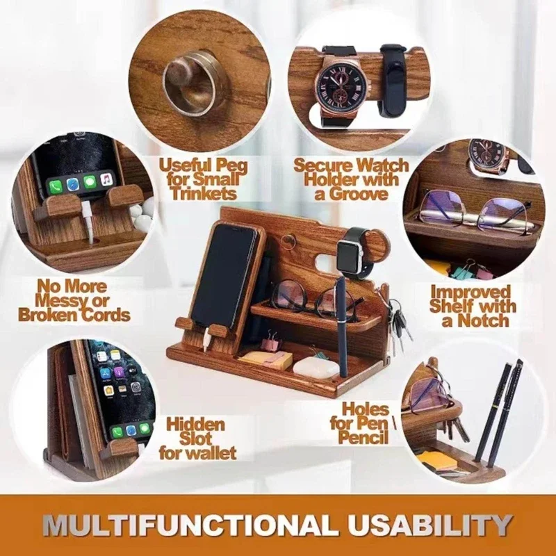 Wooden Bedside Wood Phone Docking Station Holder Wallet Stand Watch Storage Rack Valentines Multifunctional