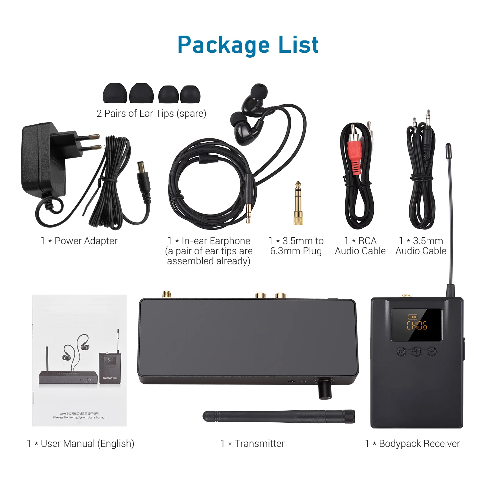 TAKSTAR WPM-300 Wireless Monitoring System with In-ear Earphone UHF Audio Transmitter Bodypack Receiver 164FT Transmission