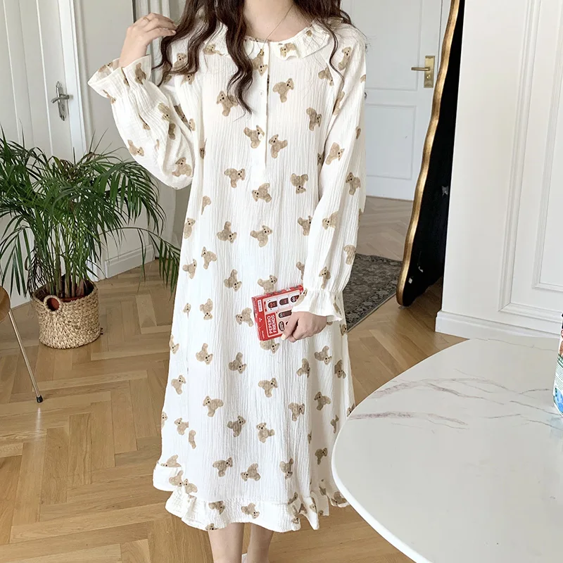 Bear Cartoon Print Summer Nightgown Korean Soft Cotton Long Sleepwear Short Sleeve Ruffles Nightdress Buttons Kawaii Homewear women nightgowns women nightdresses sleeping dress