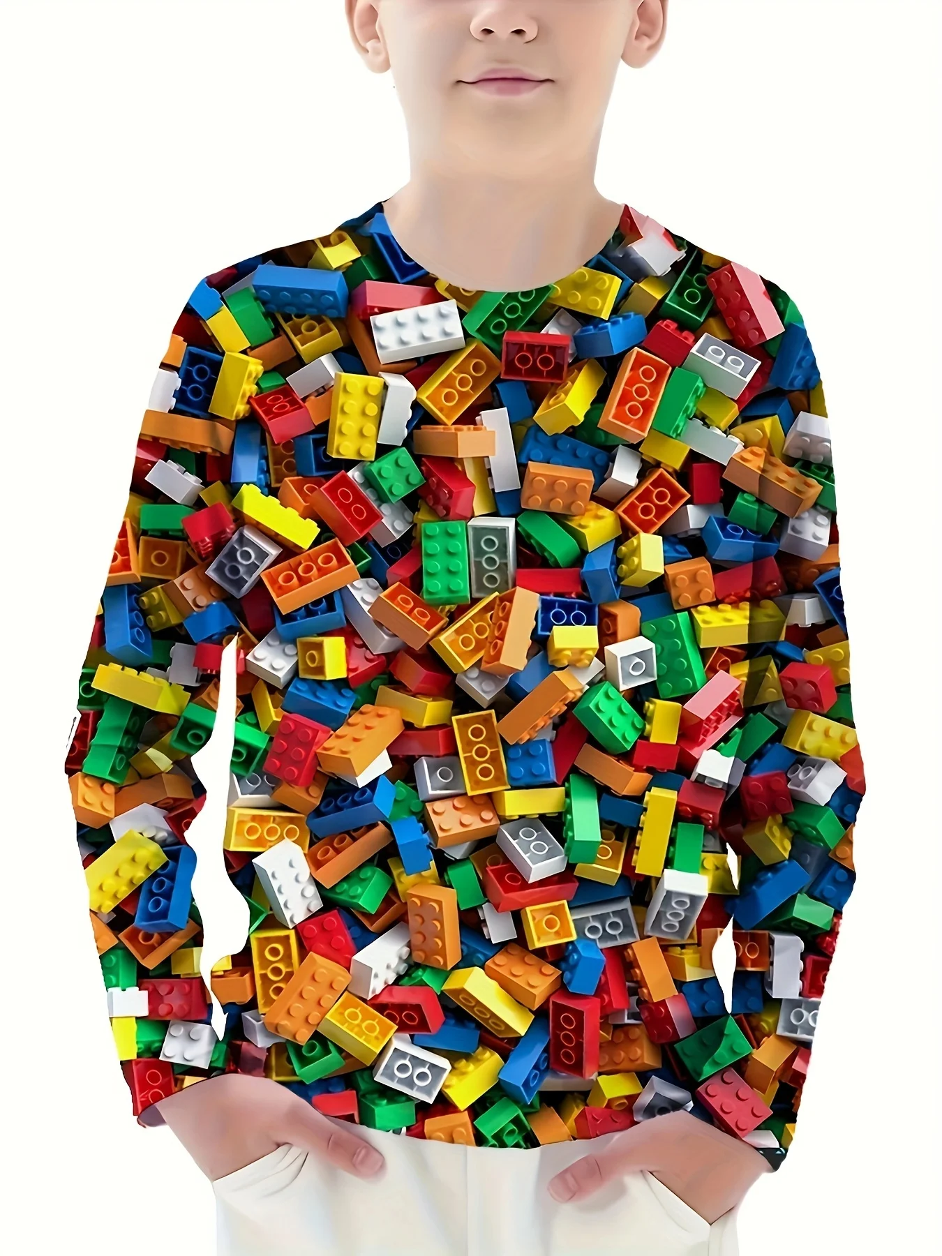 Kinderkleidung Jungen T-Shirt Langarm Kinder Oberteil Baustein-Druck Cartoon Kinder Sommerkleidung Lässige Jungenkleidung – Detail 3