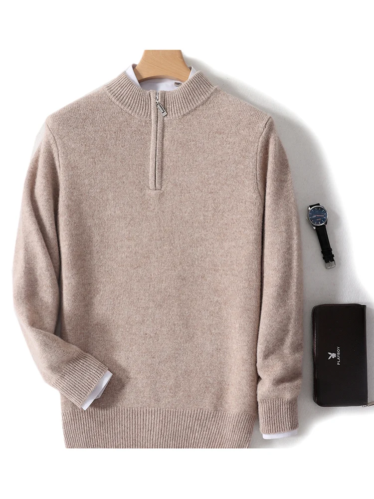 2024 New Pure Wool Sweater Men Knit Large Size High-End Tops Half High Neck Thick Pullover Spring Autumn Winter Zip Warm Jumper