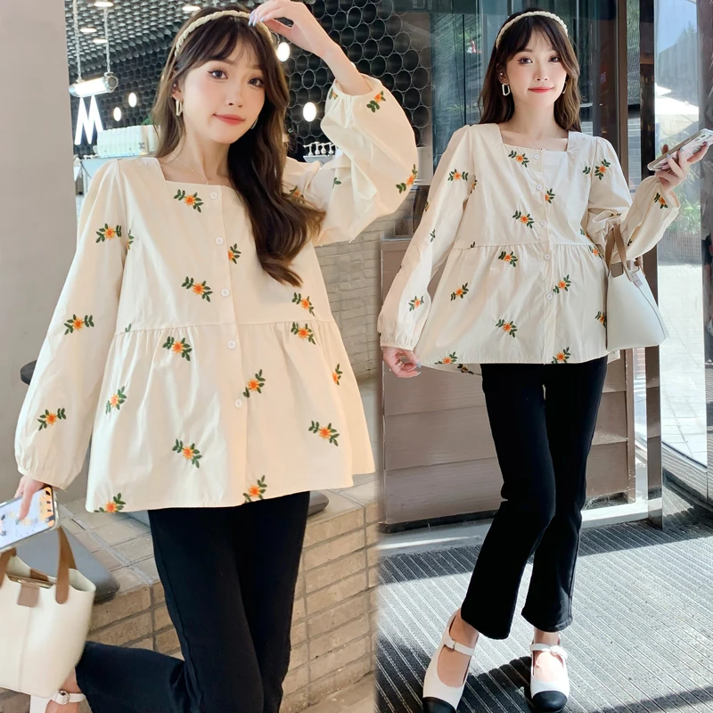 Spring Fall Korean Fashion Lady Blouse Flowers Embroidery Long Sleeves Square Neck Loose Maternity Blouse Pregnant Women