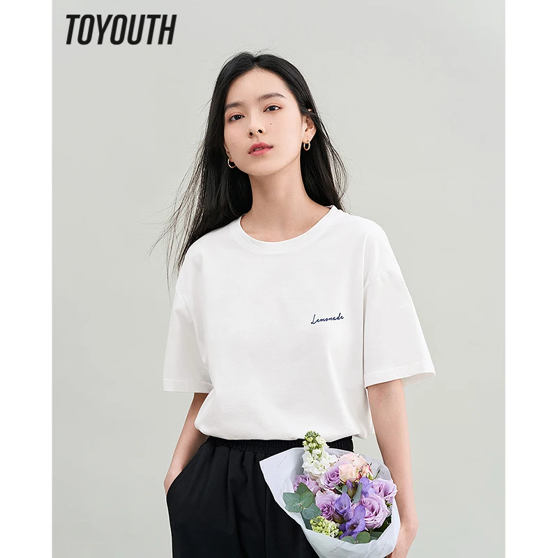 Toyouth Women T-shirt 2023 Summer Short Sleeve O Neck Loose Tees Letter Printed Pure Cotton Multicolor Basic All Match Tops - T-shirts - AliExpress