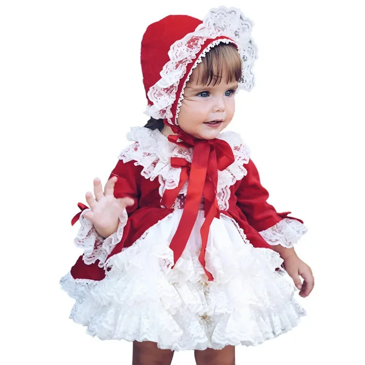 4pcs/set Red Velvet Autumn Winter Girl Vintage Spanish Dress Pompom Ball Princess Dress Lolita Christmas Party for Girl girls dress princess costume