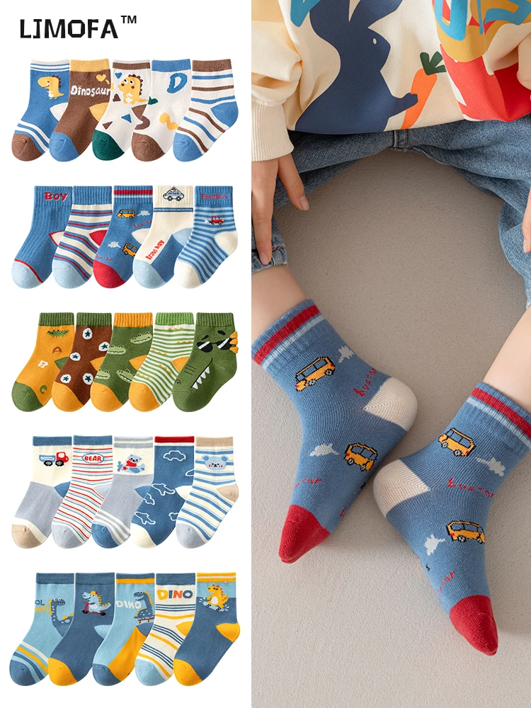LJMOFA 5 Pairs Children Socks Boys Lovely Cartoon Dinosaur Cotton Soft Warm Fashion Toddler Kids Knitted Sport Tube Socks C189