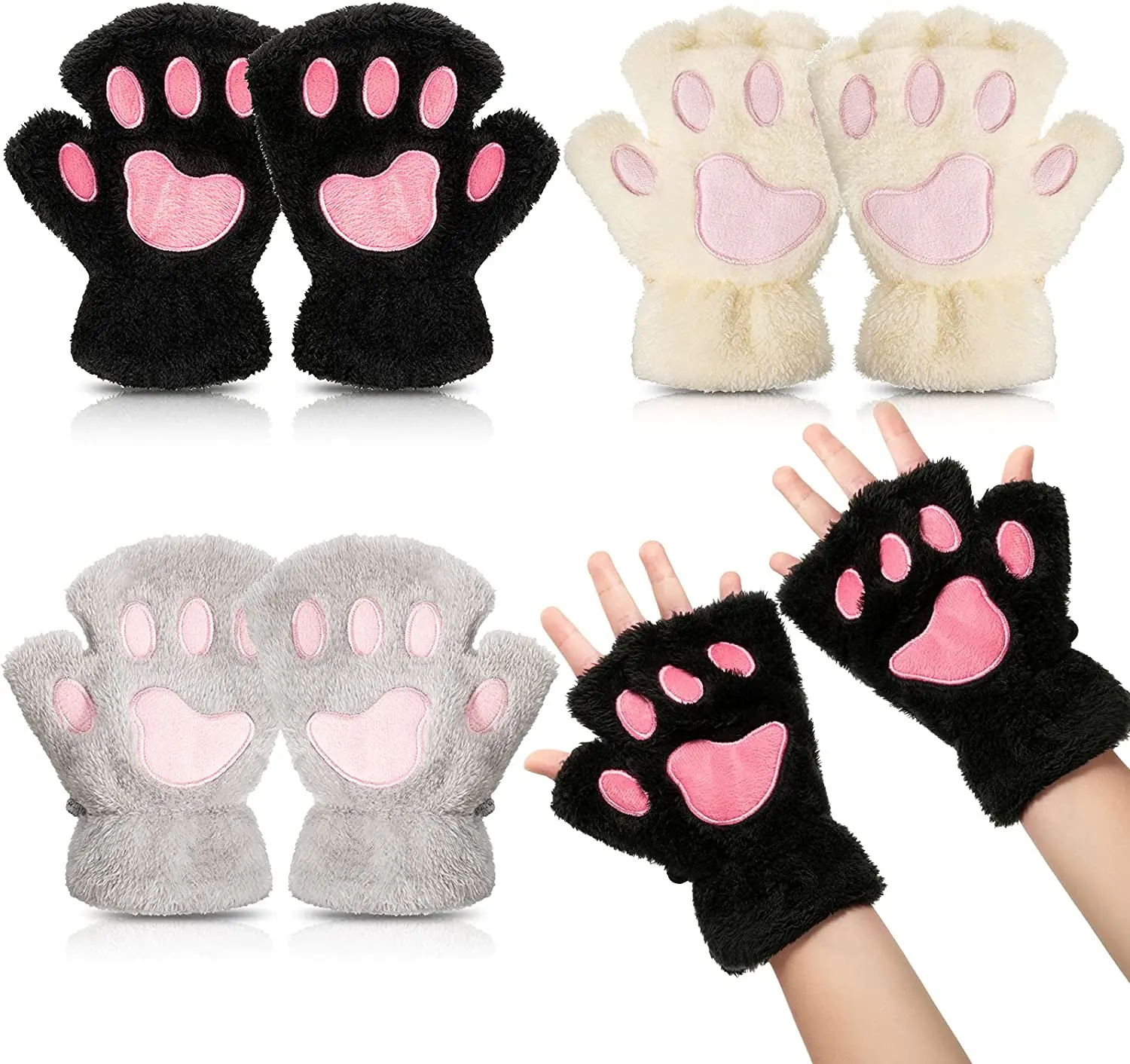 

Ladies Animal Paw Gloves Winter Fingerless Gloves Fluffy Bear Cat Plush Paw Claw Half Finger Glove Half Cover Woman Mitten Hot