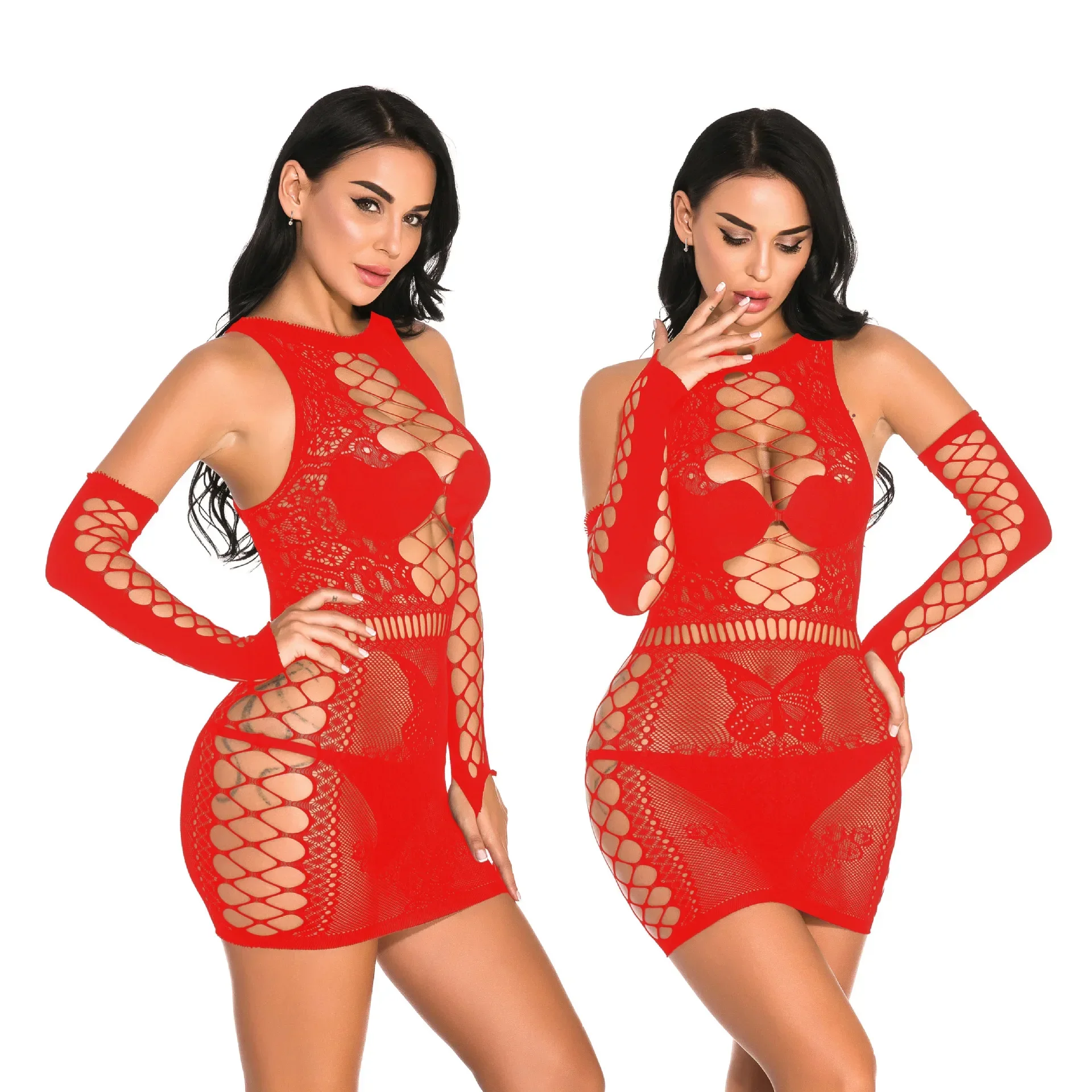 Sexy Pure Net Yarn Transparent Long-sleeved Crop Top Women's Sexy Dress Mini Dress Thin Black Tight Bodysuits