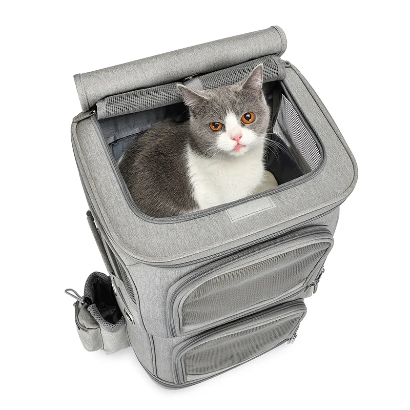 Dual-Layer Cat Carrier Large-Capacity Pet Rolling Bag Breathable Double-Shoulder Backpack with Built-In Leash and Pocket