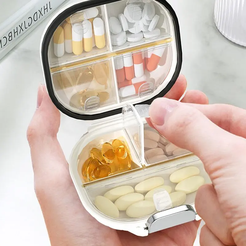 Portable Mini Medicine Storage Box, 4 Grids Square Sealed Medicine Box  Travel Pill Organizer,Small Pill Box,Portable Medicine Vitamin Holder  Container Moisture Proof,for Travel,for Home