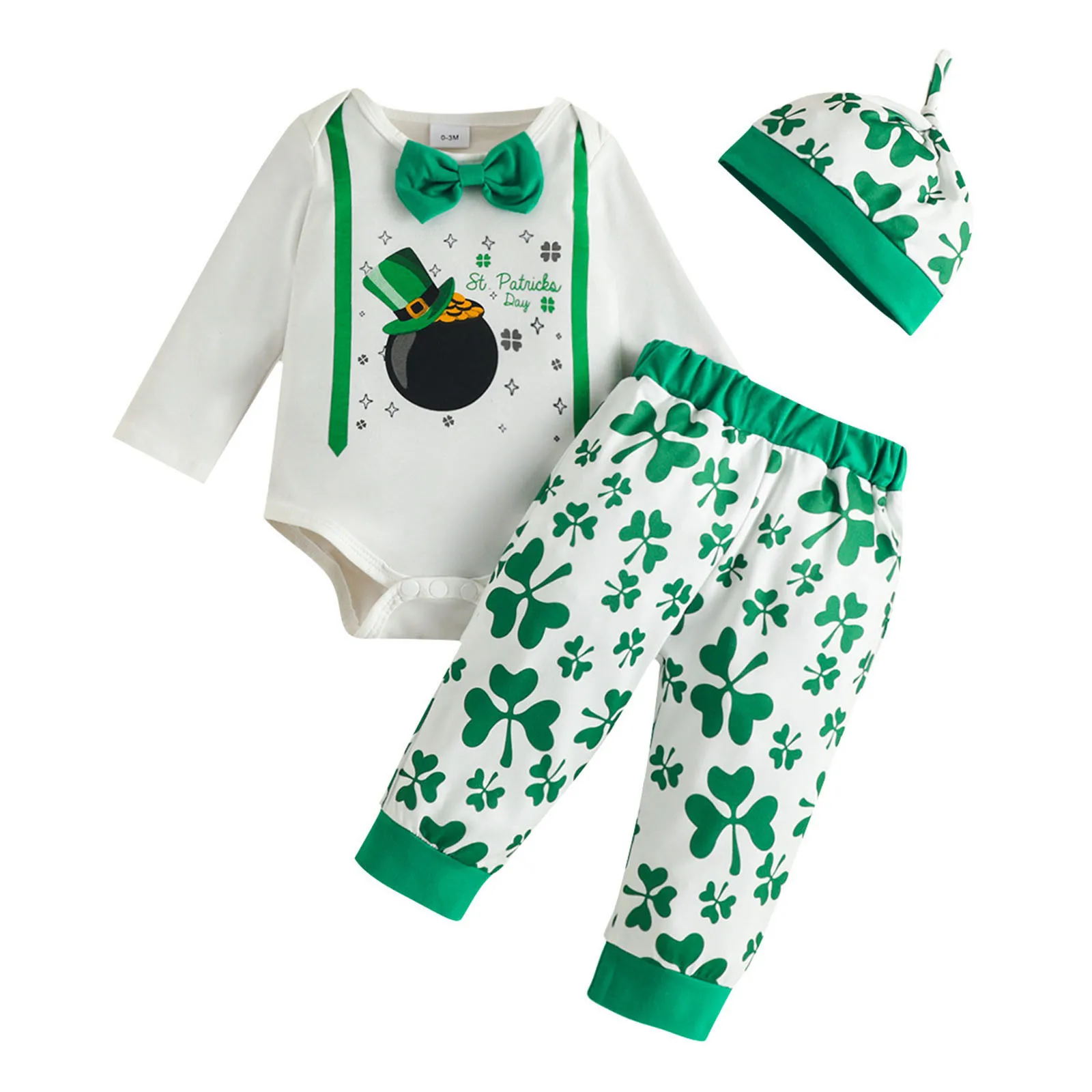 

Newborn Infant Baby Girls Boys Print Autumn St. Patric.k's Day Long Sleeve Romper Bodysuit Pants Hat Set Clothes