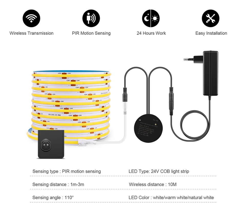 Description Picture 3 of itemWireless RF PIR Motion Sensor Switch 24V COB LED Strip Light Under Cabinet Lamp  DIY Stair Bed Corridor Cabinet Decor Lighting