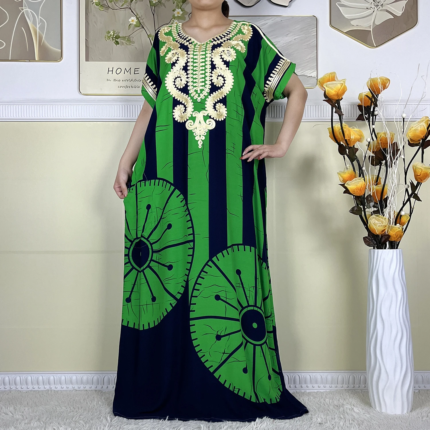 2024 New Style Summer Loose Short Sleeve Dress African Dashiki Pattern Printing Soft Cotton Woman Elegant Maxi Islam Lady Abaya