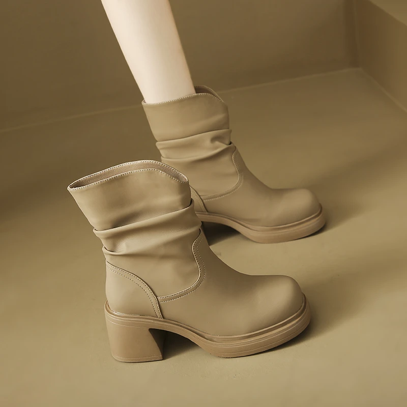 

White Ankle Boots Leather Women's Shoes Round Toe Boots-Women Clogs Platform Low Autumn High Heel Rock 2023 Ladies