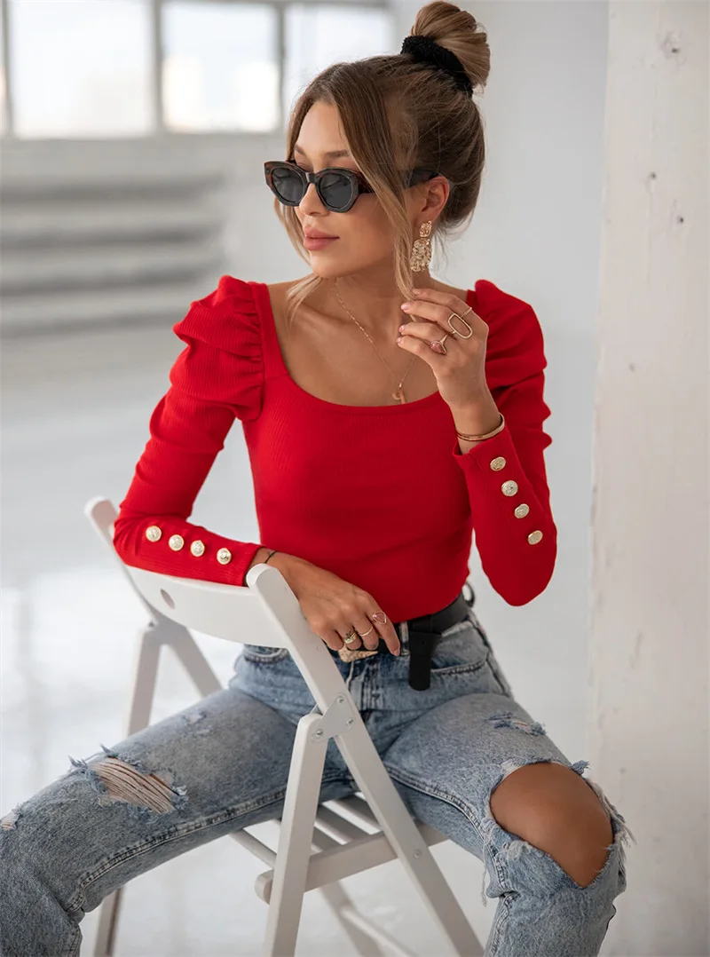 Fashion Long Sleeve Buttons Slim Knitted Tops Women 2023 Autumn Winter White Casual Black Pink Pullover Top Femme Blouses