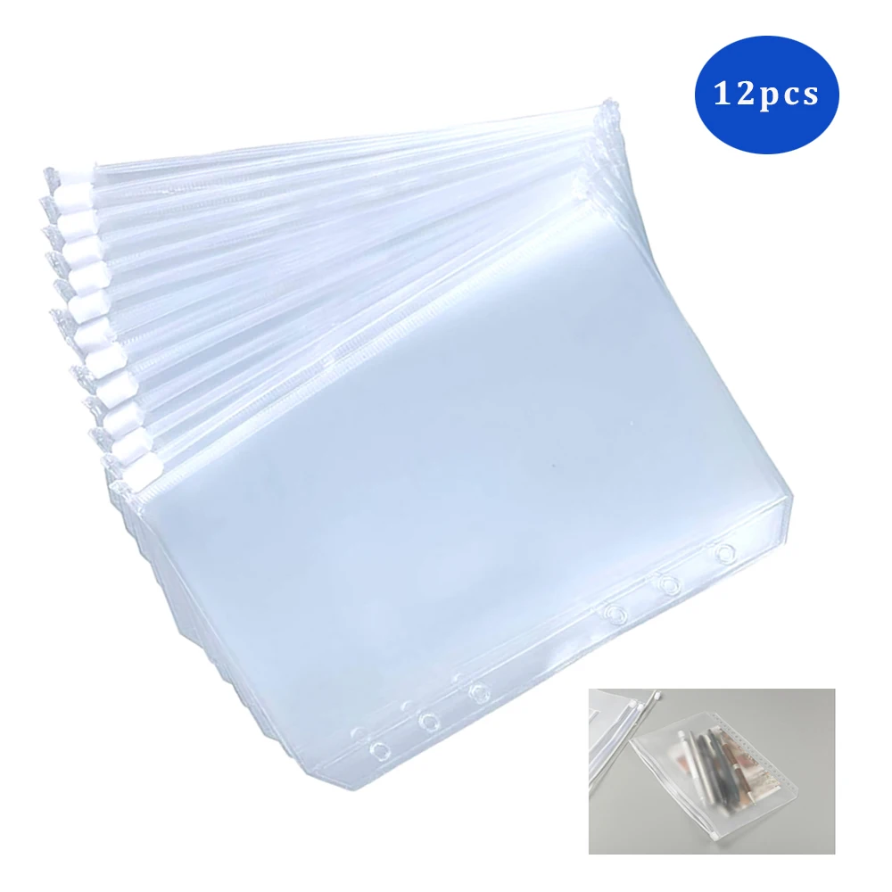 12PCS Binder Pockets A5 A6 A7 Binder Zipper Folders for 6-Ring Notebook Transparent Loose Leaf Pouch Document Filing Bags