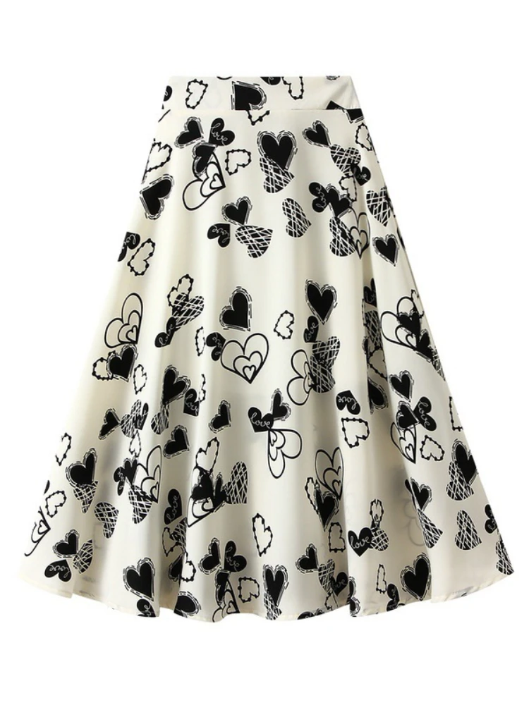 

Women Skirts Summer 2023 Heart Print Chiffon High Wasit Office Ladies Korean Maxi A-LINE Long Summer Skirts for Women Vintage