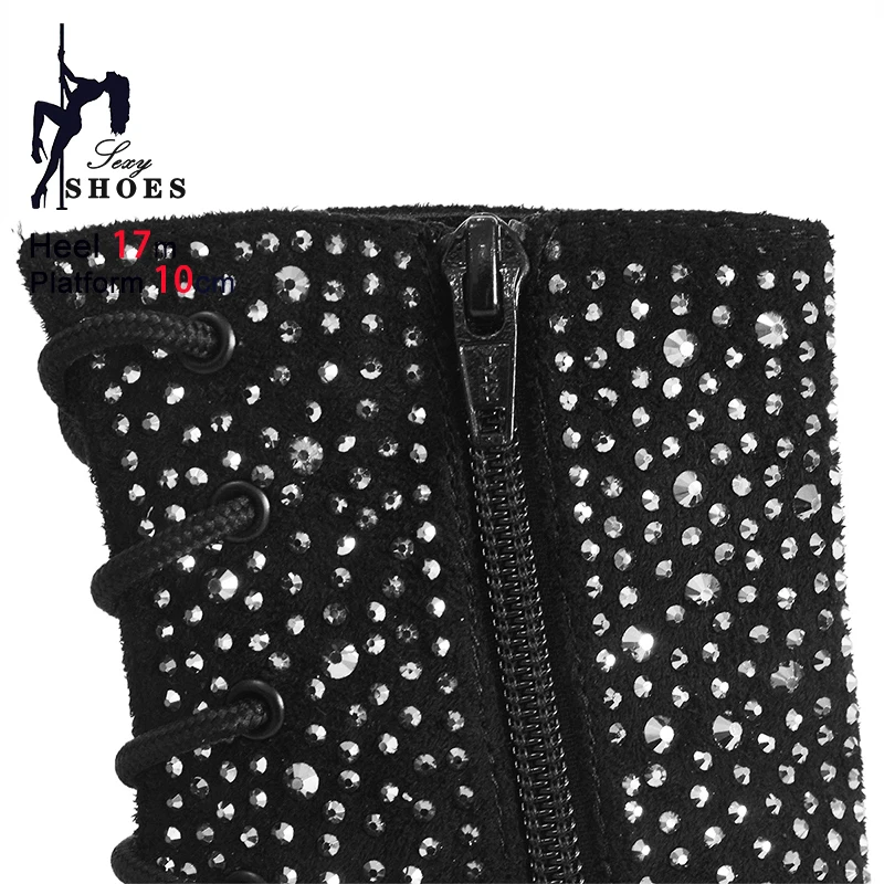 Suede Short Boots Woman Luxury Designer Nightclub Rhinestone Dance Shoes Peep Toe Thin High Heels Women 17CM Black Ankle Boots