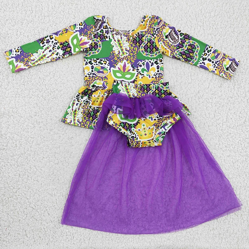 

Wholesale Toddler Kids Purple Tulle Skirt Bummies Shorts Mardi Gras Baby Girl Long Sleeves Set Infant Children Spring New Outfit