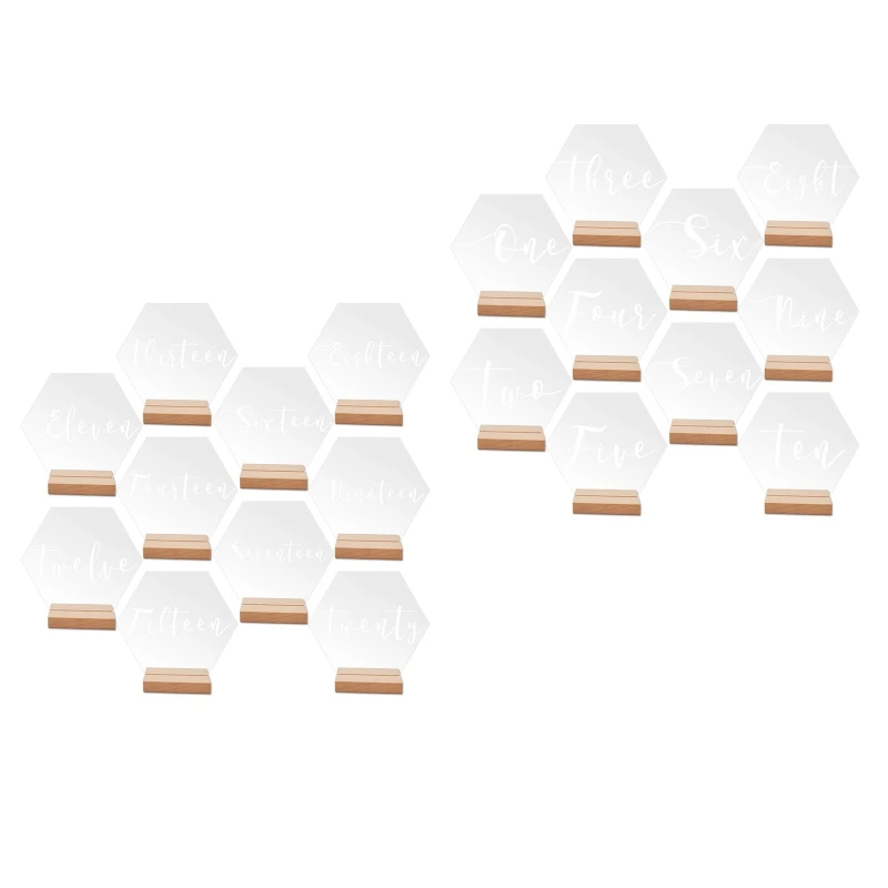 20 PCS Hexagon Acrylic Wedding Table Number Sign with Wood Holder Set Supplies for Home Festival Party Dining Table Decoration