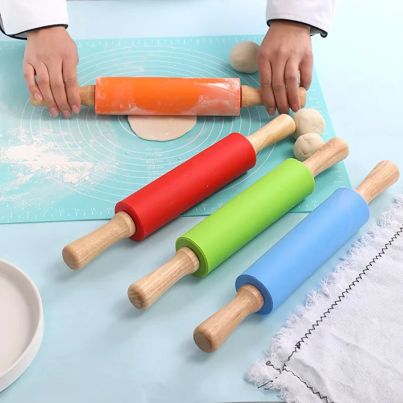 Non-Stick Silicone Rolling Pin Wooden Handle Pastry Dough Flour Roller Kitchen Cooking Baking Tool For Pasta Cookie Dough 1PC rolling pin