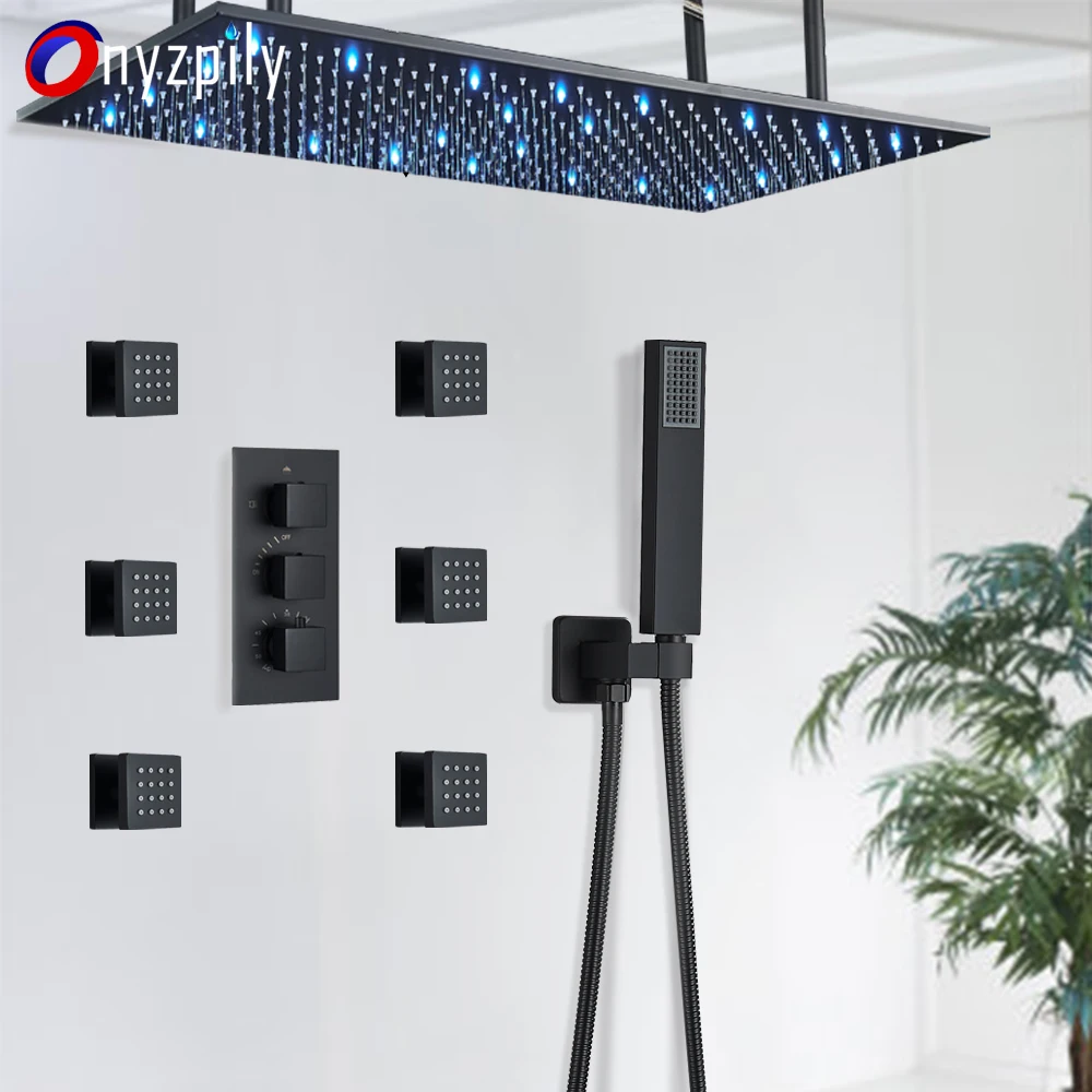 Bathroom Thermostatic Faucet Matte Black LED Raining Shower with Spa Massage Bath Faucet Bathroom 3Ways Brass Bathtub Mixer Tap