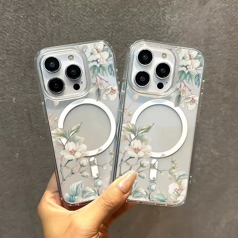 Floral Magnetic Transparent Phone Case with Magsafe Wireless Charging Capability