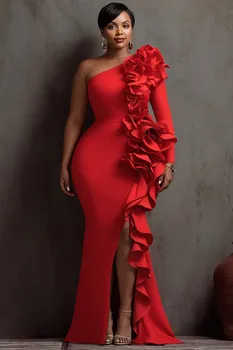 Plus Size Formal Red Oblique Collar One Shoulder Long Sleeve 3D Ruffle Maxi Dresses