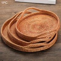 Rattan Serving Tray Round Woven Wicker Basket Decorative Rustic Table Tray with Handles for Serving Dinner Parties Breakfast 1