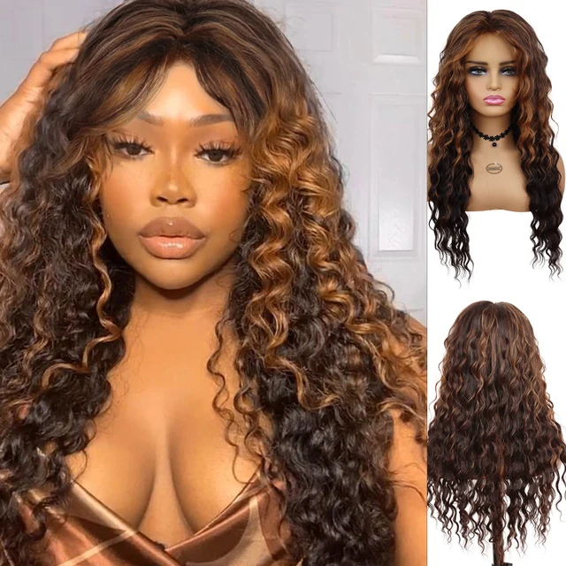 GNIMEGIL Synthetic Blonde Wigs for White Women Long Curly Wig Fluffy Body Wave Hairstyle Cosplay Wig Costume + Tattoo Sticker Mix Brown 2