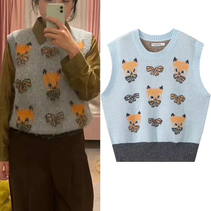 

TRAF Cute Couple Style Vest For Woman Warm O-Neck Sleeveless Knitted Sweater Soft Animal Print Tank Pullover Chic Autumn Jumpers
