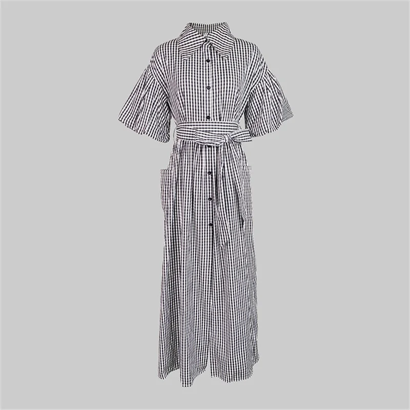 Yeezzi 2025 New Fashion Plaid Lapel Shirt Dress Women Ruffle Sleeves Buttoned Pockets Front-slit High Waist Elegant Maxi Dresses 3