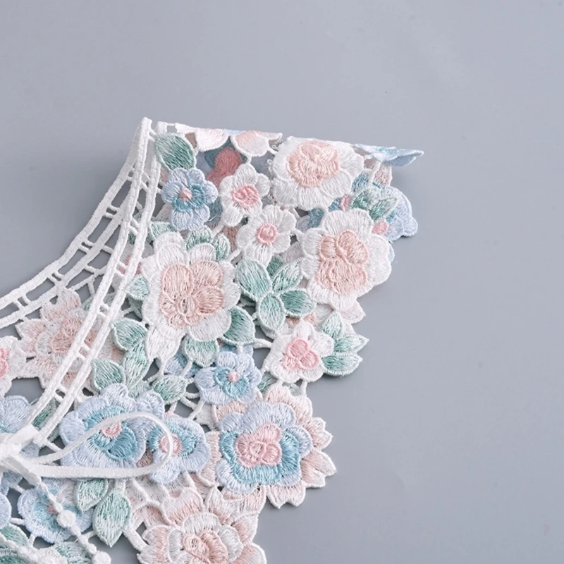 

Korean Women Embroidery Colorful Floral Faux Collar Fairy Elegant Shawl Scarf Half Shirt Lace-Up Poncho Cape for Dress