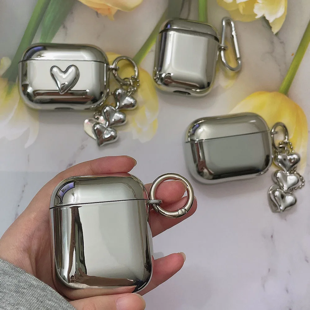 Electroplated Silver Soft TPU Earphone Protective Cover with Heart Keychain Accessories