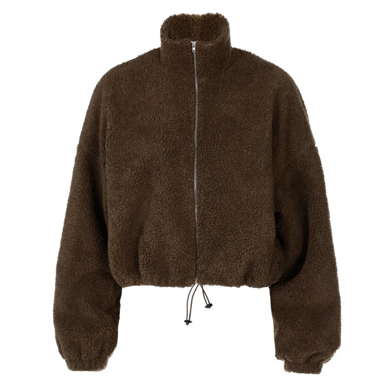 Women's 2Autumn and Winter Fashion Solid Color 021 New Plush Zipper Loose High Neck Long-sleeved Shirt K Cardigan Jacket Women