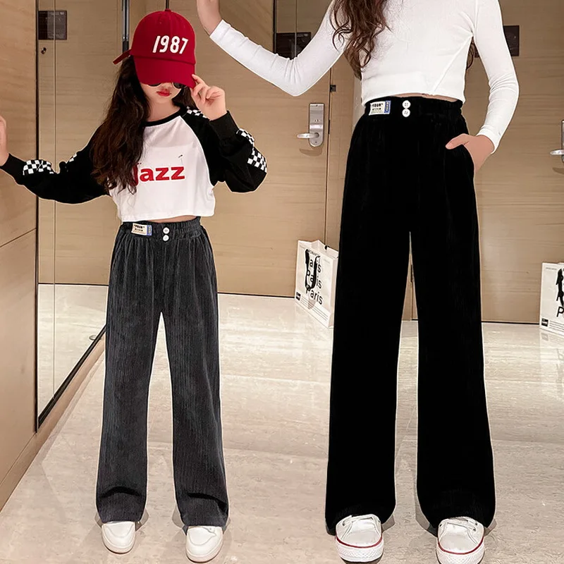 Children\'s Pants 2024 Spring Autumn Teen Girls Wide Leg Pants Kids Clothing Casual Loose Girls Chenille Trousers