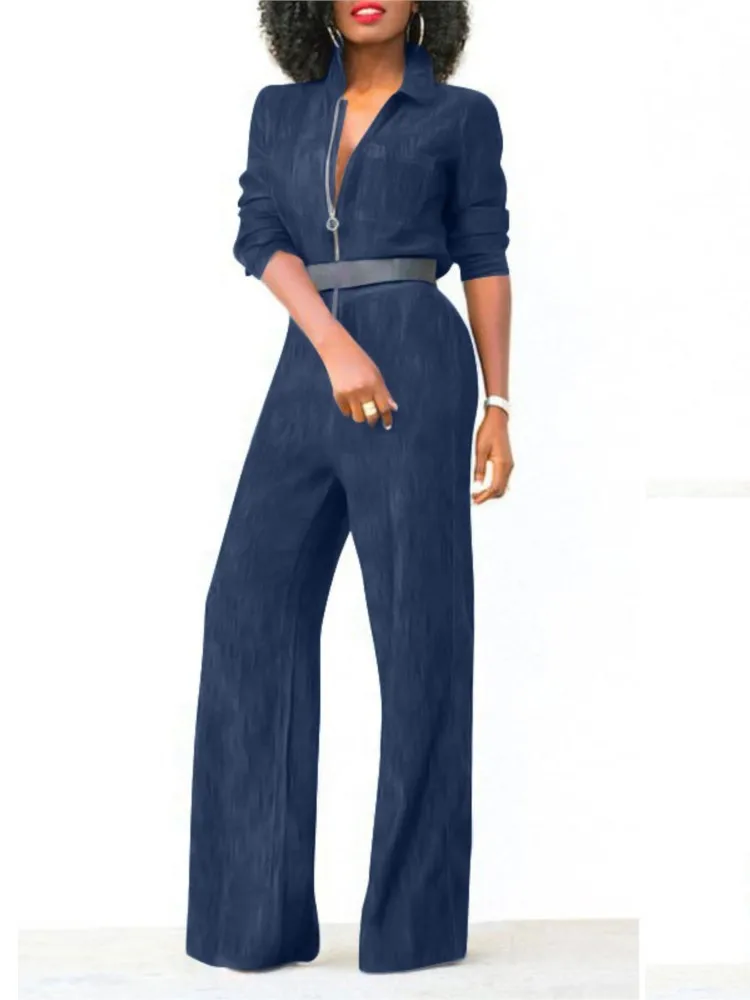 Fashion V Neck Long Sleeve Jumpsuit Women's Spring Autumn Casual Zipper Denim Jumpsuit Elegant Solid Female Office Jumpsuits