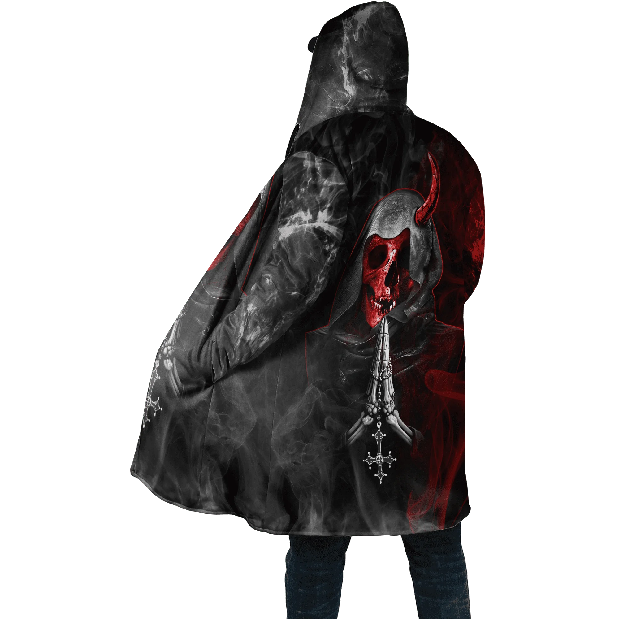 PLstar Cosmos Herren-Umhang, Totenkopf, Teufel, Tattoo, 3D-Allover-bedruckter Fleece-Kapuzenumhang, Unisex, lässig, dick, warm, Umhang, Mantel PF71 – Detail 23