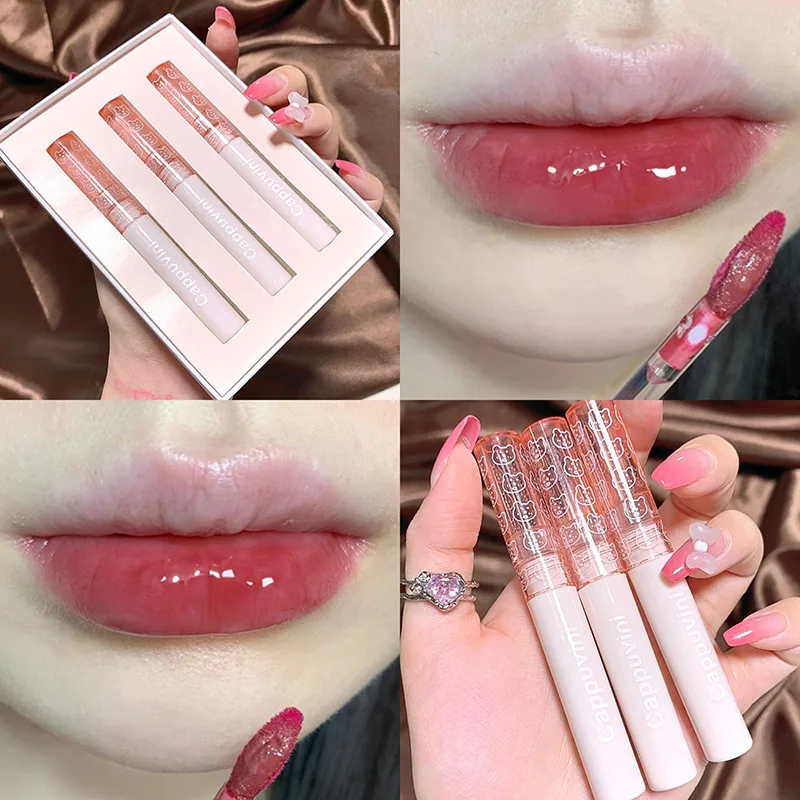 

3Pcs Lipgloss Moisturize Lip Gloss Lip Glaze Transparent Glass Lip Oil Waterproof Liquid Lipstick Nude Brown Clear Tint Makeup