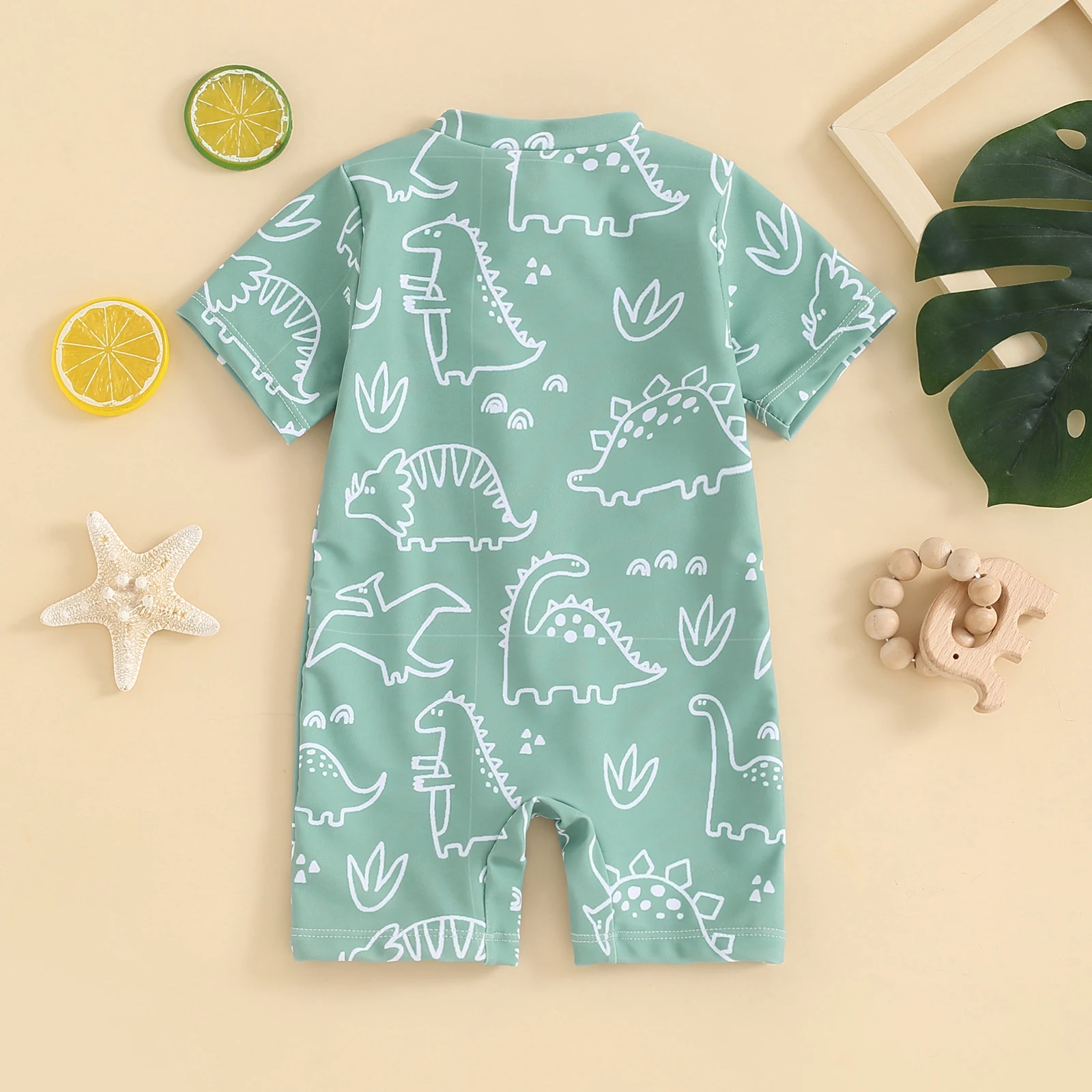 FOCUSNORM 0-3Y Summer Baby Boy's Swimwear Short Sleeve Dinosaur Print Half Zip Up Rash Guard Bathing Suit