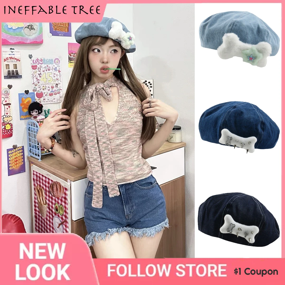 

Y2K Pumpkin Cowboy Furry Rivets Bones Punk Sweet Cool Cloud Berets Hats for Women Spring Summer Vintage Painter Retro Caps
