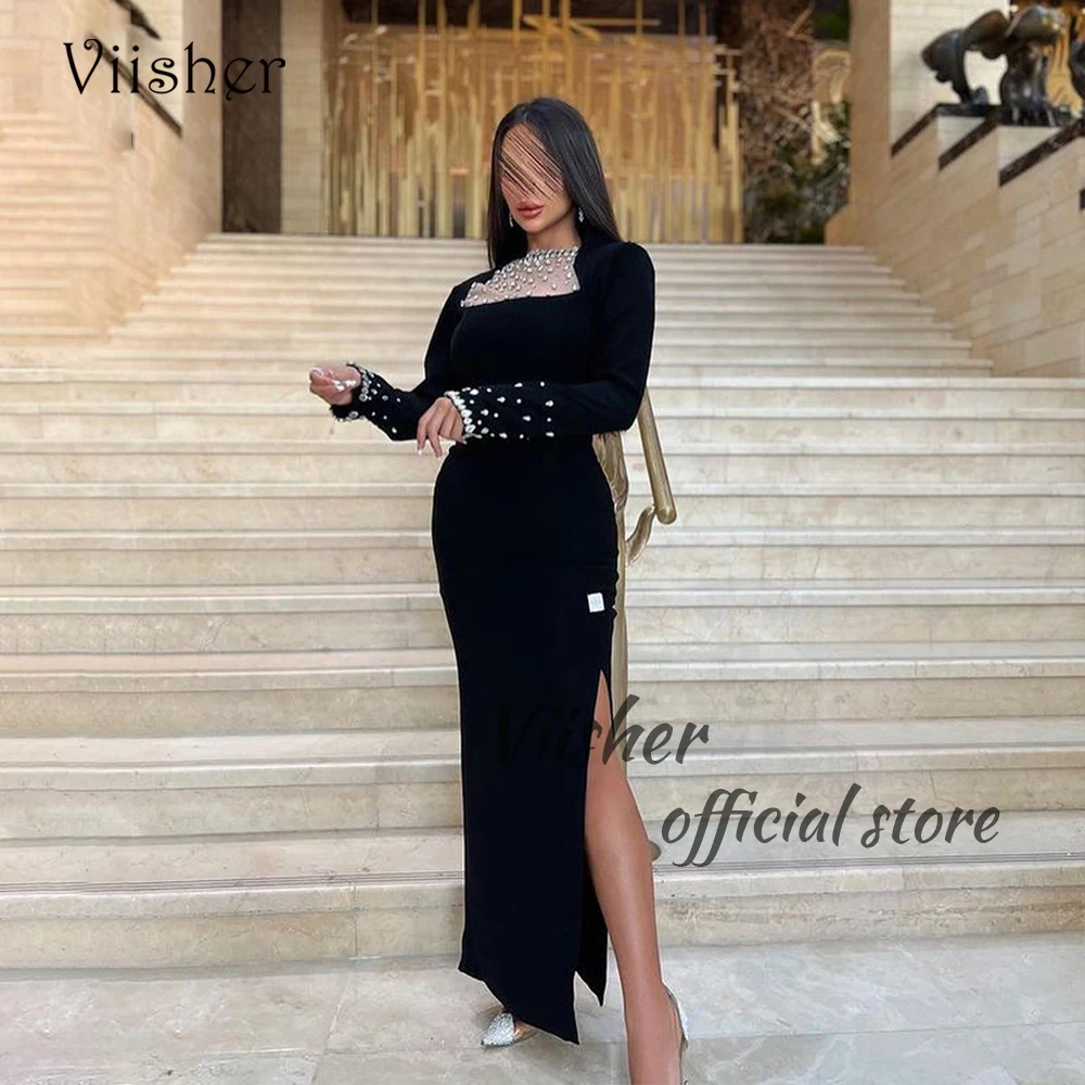 

Viisher Black Mermaid Evening Prom Dresses Long Sleeve Beaded Satin Formal Dress with Slit Ankle Length Arabian Evening Gown