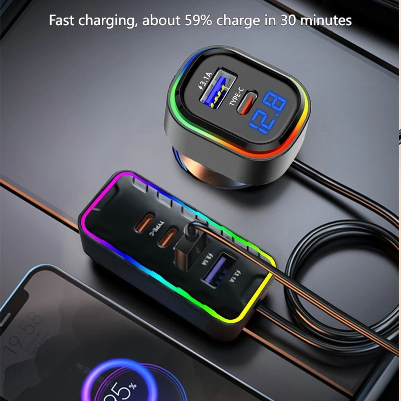 22.5W Fast Car Charger 7-Port Expansion Simultaneous Front and Rear Charging Type-C USB Family Travel Adapter Charger